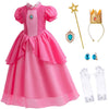 Kids Princess Peach Costume For Girls Dress Up With Crown Gloves Wand Earrings - Princess Peach Dress For Girls 10-11 Years