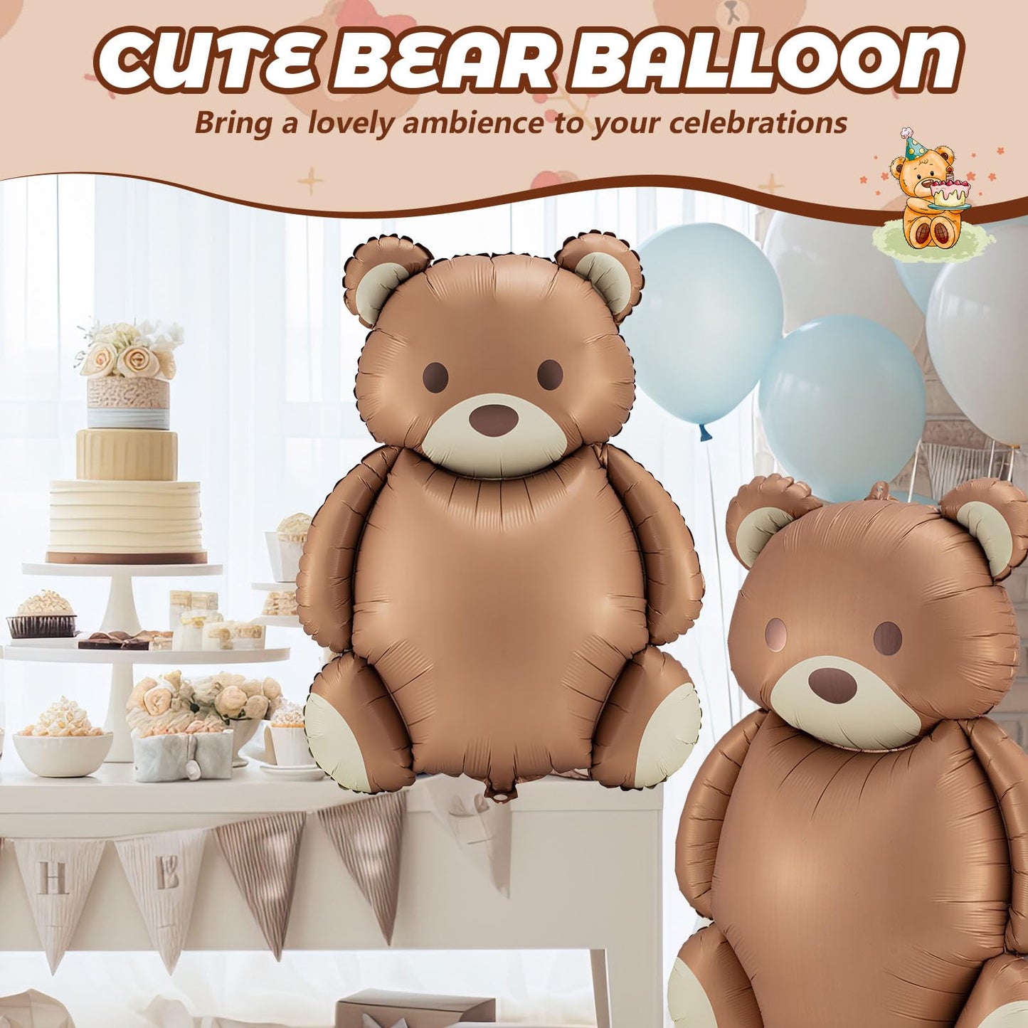 Simgoing 12 Pcs 21x35 Big Brown Bear Balloons Matte Cartoon Bear Foil Birthday Balloons for Home Decor Jungle Animal Farm Safa