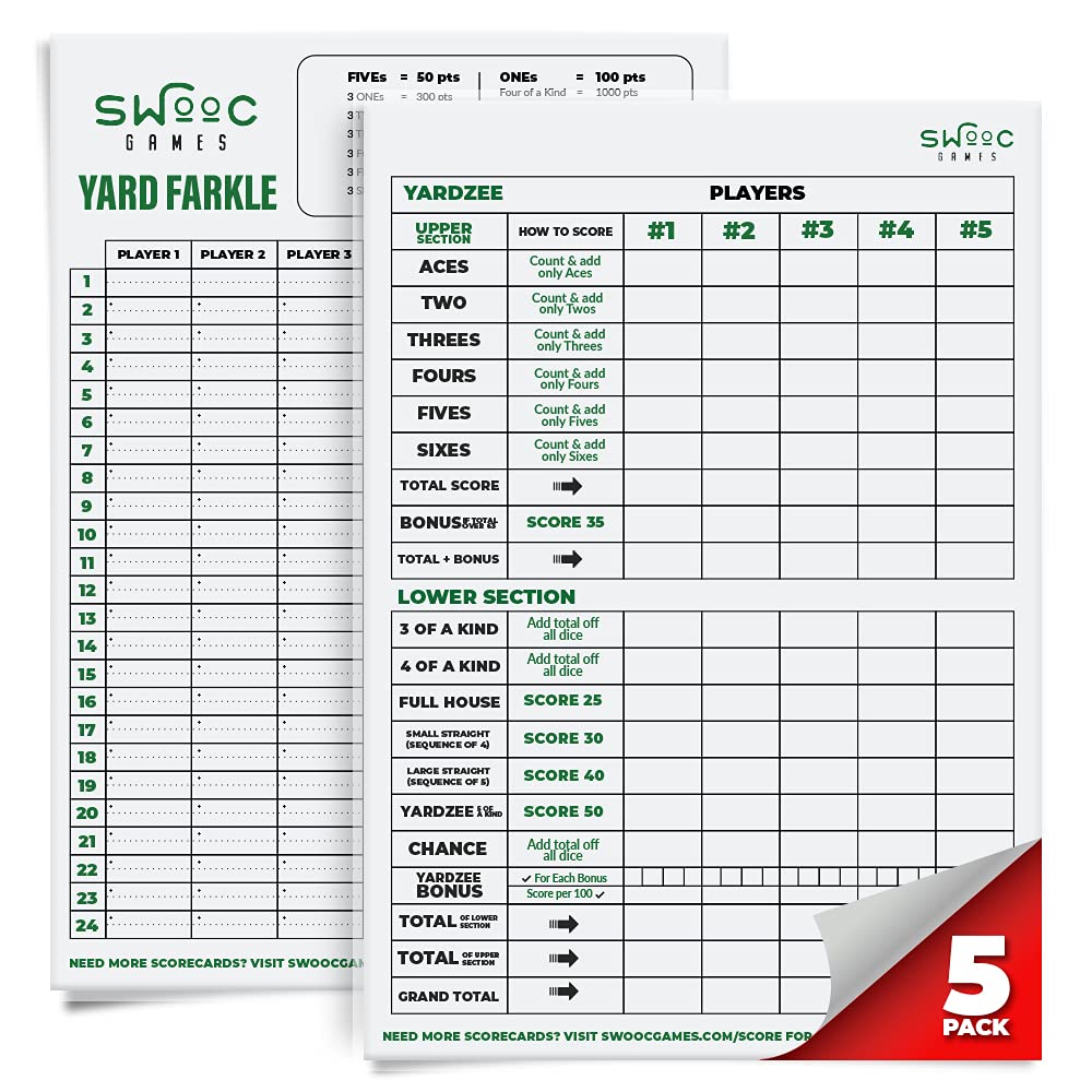Swooc Games - 5 Big Laminated Yardzee & Farkle Score Cards (11.5In X 8In) With Rules - Large Reusable Dry Erase Pads For Giant O