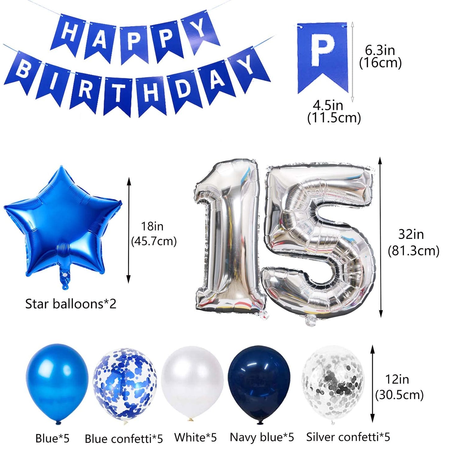 15Th Birthday Party Decoration For Boys, Happy Birthday Banner Blue Number 15 Birthday Balloons 15Th Birthday Latex Confetti Bal