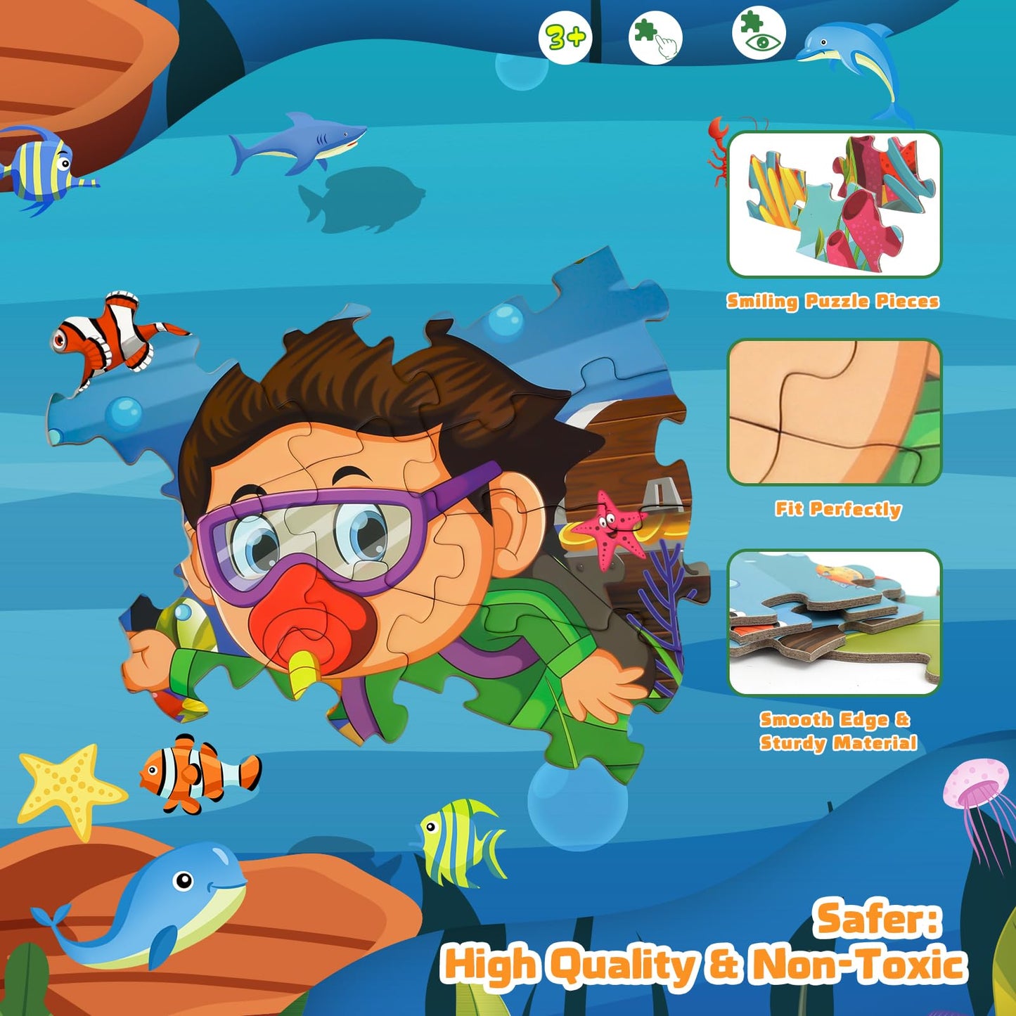 Floor Puzzles For Kids Ages 3-10 - Large 70 Piece Round Toddler Jigsaw Puzzles Toys - Preschool Learning Educational Gift (Ocean