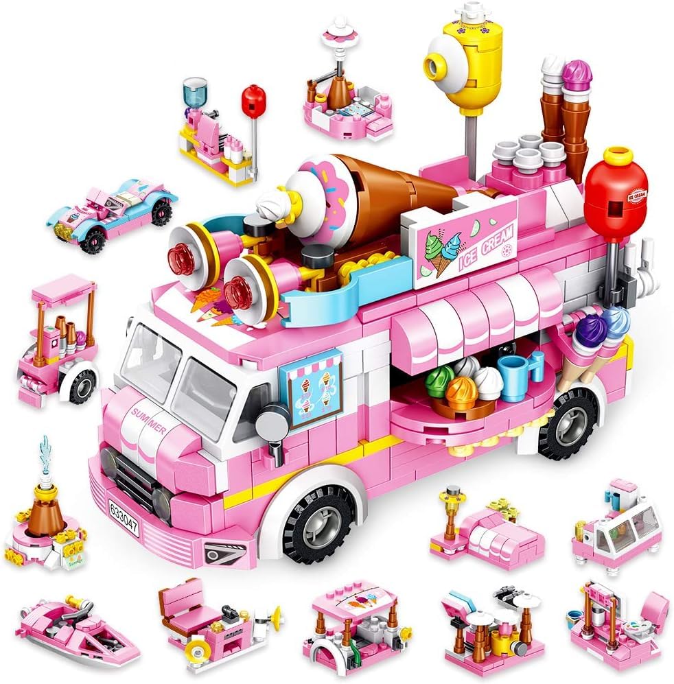 Vatos Girls Building Blocks Toys - 553 Pieces Ice Cream Truck Set Toys for Girls 25 Models Pink Building Bricks Toys STEM Toys V