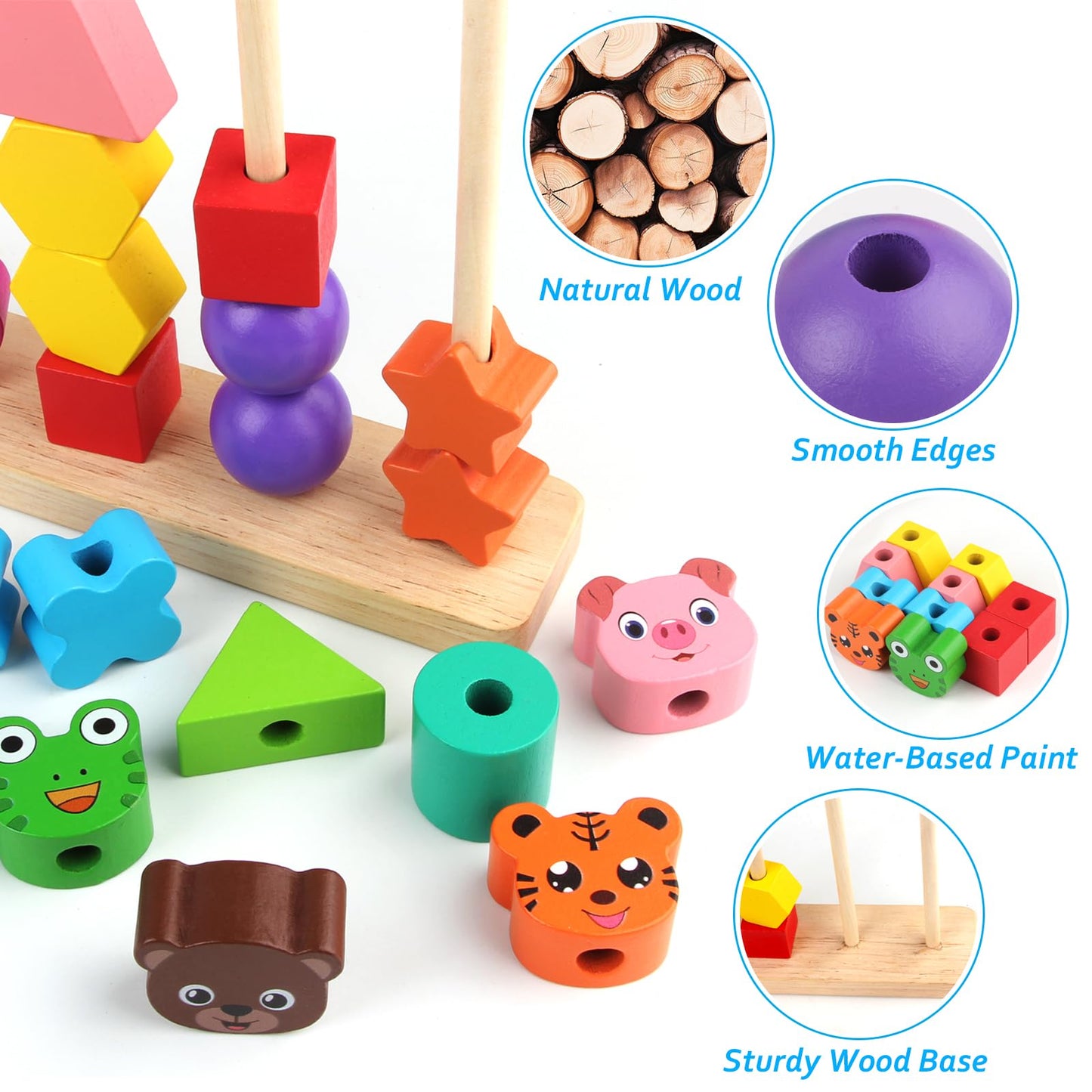 Vinlon Animal Baby Toys For Boys Girls 2 3 4 Years Old - Cute Rabbit Bear Tiger Pig Frog- Wooden Bead Sequencing Set-Stacking Sh