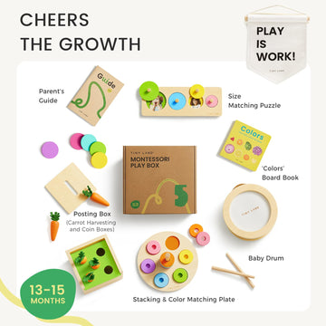 Tiny Land Montessori Toy Set For Baby 13-15 Months Explorer Play Kit - 7-In-1 Baby Drum, Carrot Harvesting And Coin Boxes, Stacking And Color Matching Plate, Size Matching Puzzle, Color Board Book