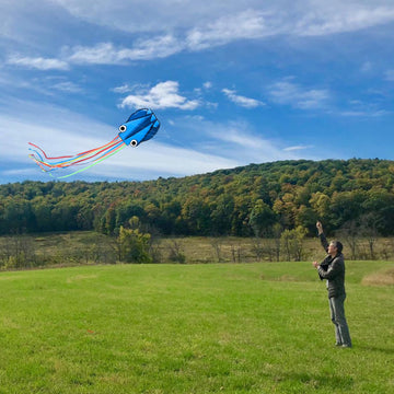 Kaiciuss Octopus Kite with Reel Set, Easy to Fly for Kids & Adults, Single Line Frameless with 7.2 Inch Reel Winder Kit (Blue)