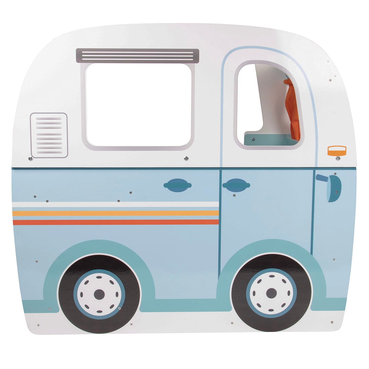 Wooden Play Camper Van Toy Playset w Steering Wheel, Kitchen w Stove, Oven, Bed, Pillow, Pretend Shower, Curtains, Personalizati