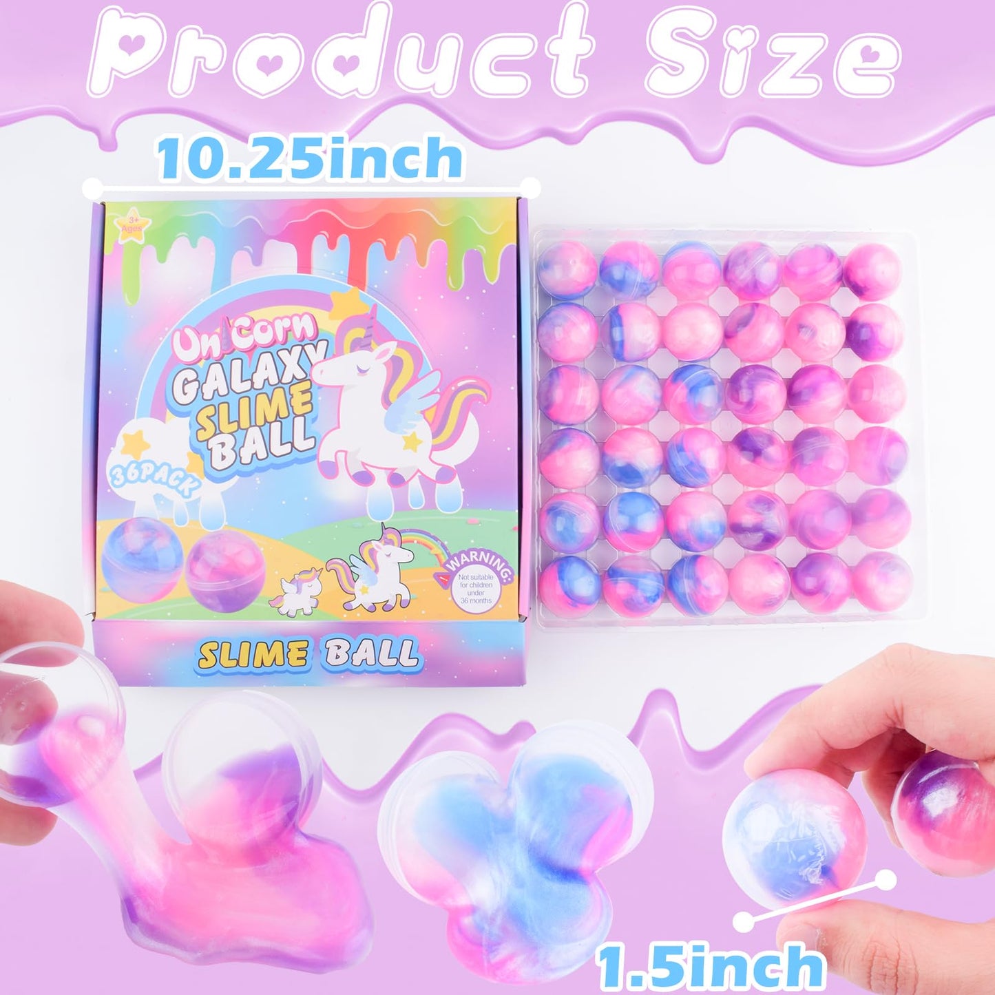 36 Pack Unicorn Galaxy Slime Balls, Unicorn Party Favors for Boys and Girls, Wet, Non-Sticky, Mess-Free, Stress Relief, Super So