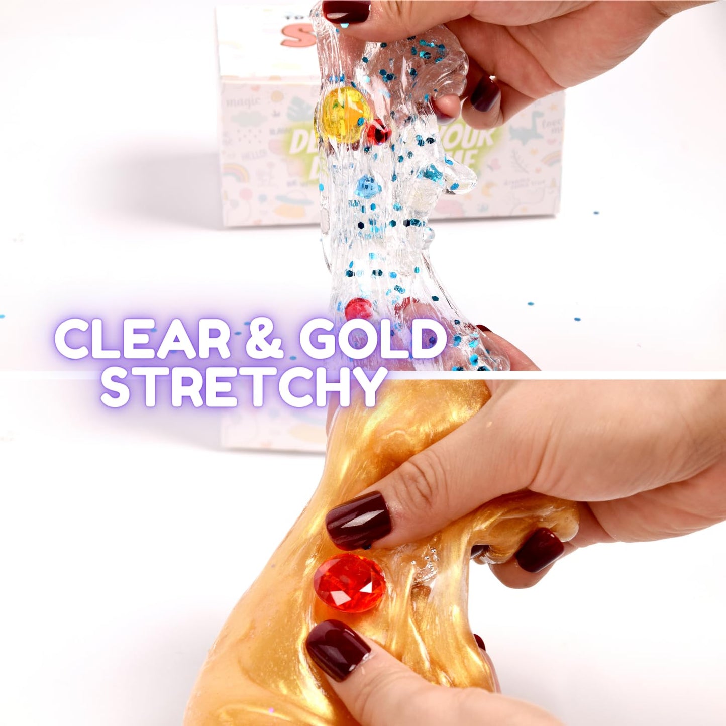 Finoclay 2 Pack Crystal Clear & Golden Stretchy Slime Kit For Girls Boys, Create With Kids Diamonds Theme, Slime Making Kit, 8 F