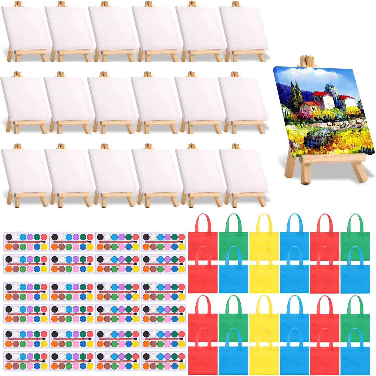 Teling 24 Packs Mini Canvas with Easel Paint Set Kids Painting Kit with Mini 4 x 4 Inch Canvas Wooden Easel Watercolors and Good