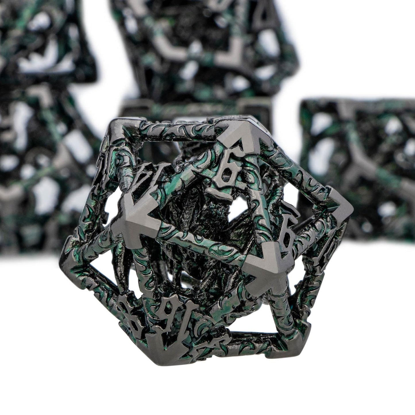 ARUOHHA Hollow DND Dice Set Black Green 5-Headed Dragon D and D Dice with Gift Box, Dungeons and Dragons Role Playing Games 7PCS