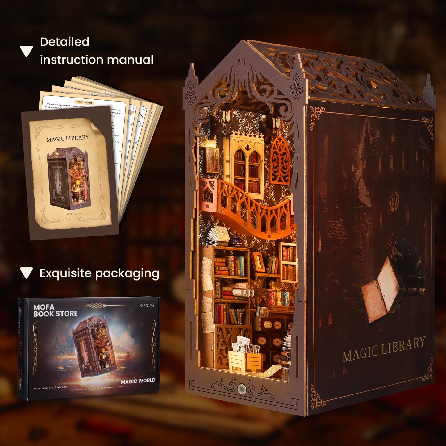 Lycidae Book Nook Kit, Diy Magic Dollhouse, Booknook, Miniature House Kit, 3D Puzzle Wooden, Led Lights, Decoration Gift, Bookno