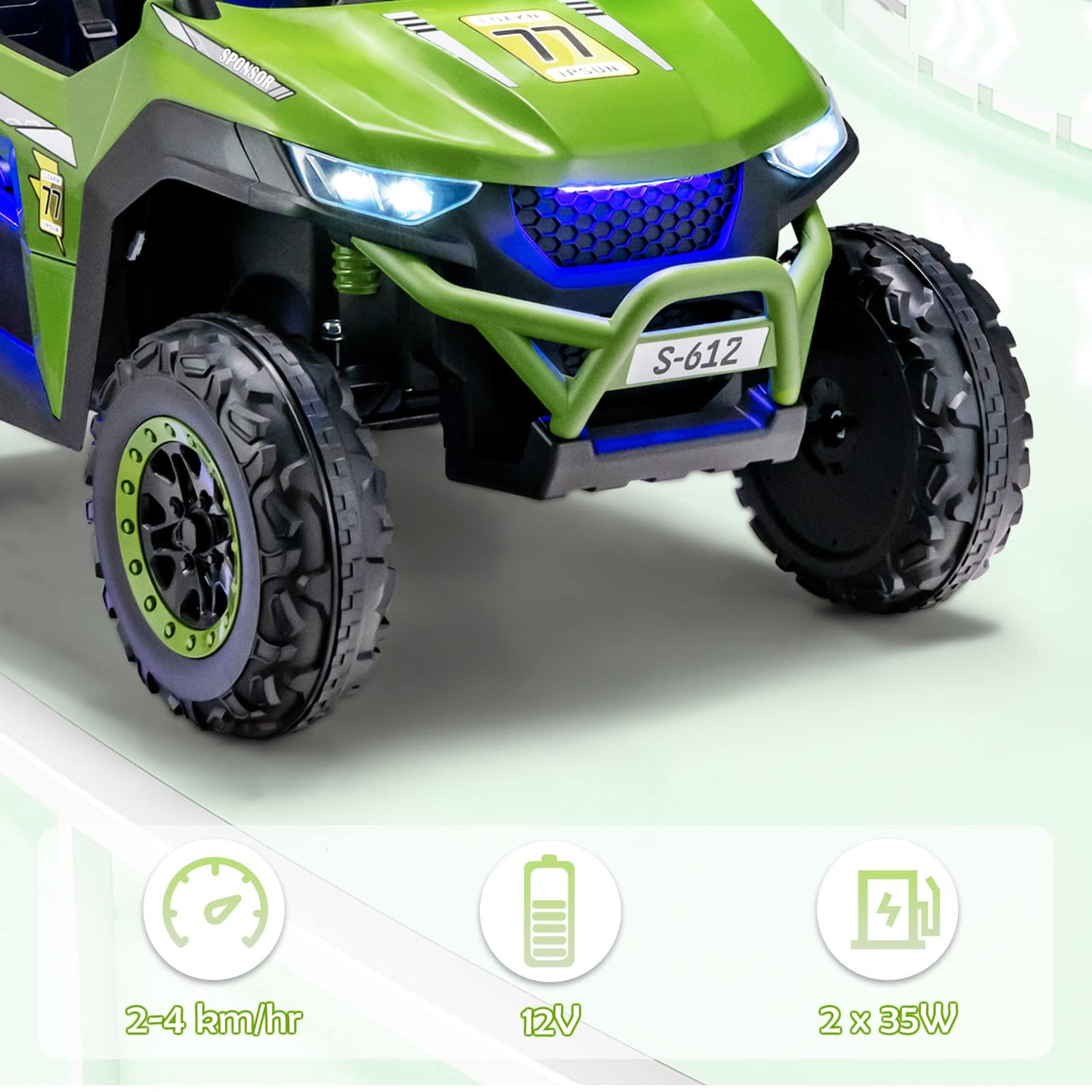 Olakids 2 Seater Ride On Car For Kids, 12V Utv Kids' Electric Vehicles With Remote Control, Spring Suspension, Soft Start, Music Bluetooth Fm, Battery Powered For Ages 3-8 (Green)