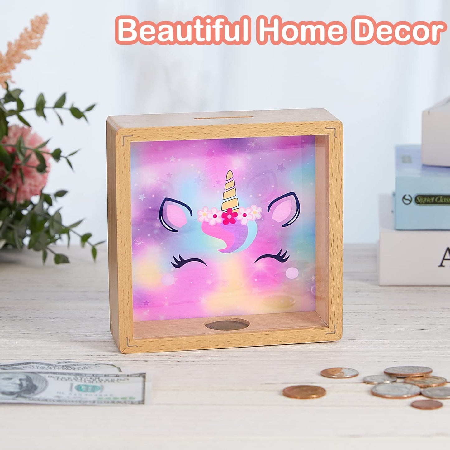 Piggy Bank Girls, Wooden Piggy Bank For Kids Unicorn Money Bank Coin Bank With Diy Letter Stickers,Colorful