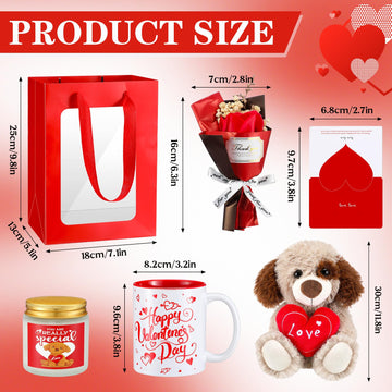 Syhood 8 Pcs Valentine Bear Dog Plush Stuffed Animals Gift Set Love Dog Stuffed Animal Roses Bouquet Coffee Mug Heart Crew Socks