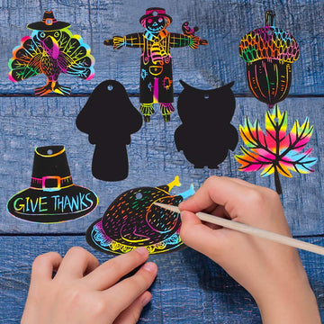 Hohomark Thanksgiving Scratch Off Cards - 24Pcs Thanksgiving Crafts For Kids Diy Rainbow Scratch Paper For Thanksgiving Party Thanksgiving Arts And Crafts For Kids