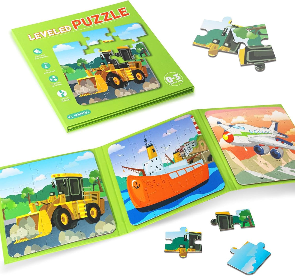 Dorytoy Leveled Vehicle Puzzle Book For Kids, Educational Jigsaw Book Construction Truck, Brain Development Learning Toy For Boy