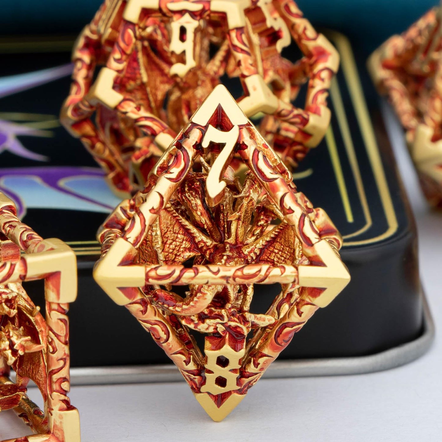 ARUOHHA Hollow DND Dice Set Golden Red 5-Headed Dragon D and D Dice with Gift Box, Dungeons and Dragons Role Playing Games 7PCS