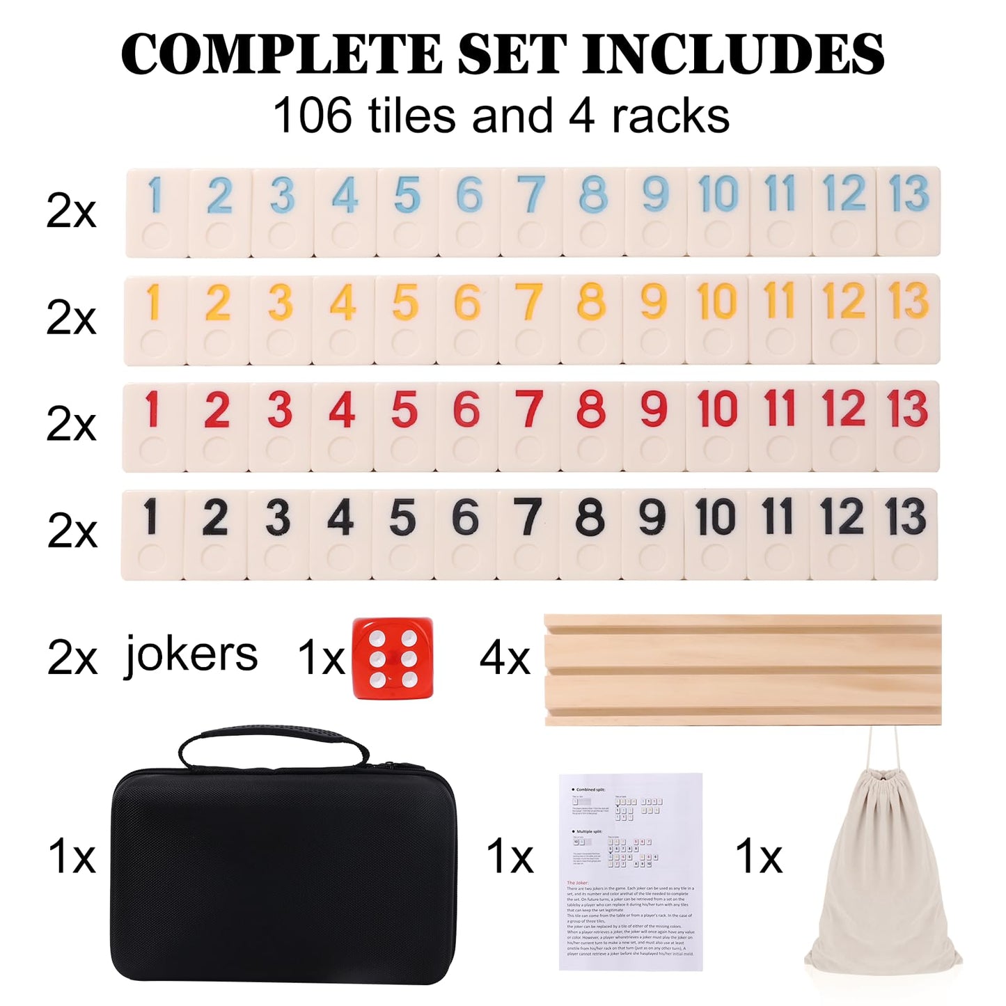 Elanbells Rummy Cube Board Game Set for 2-4 Players, Beige Melamine Tiles, 106 Tiles, Wooden Racks, Portable Case & Drawstring Bag