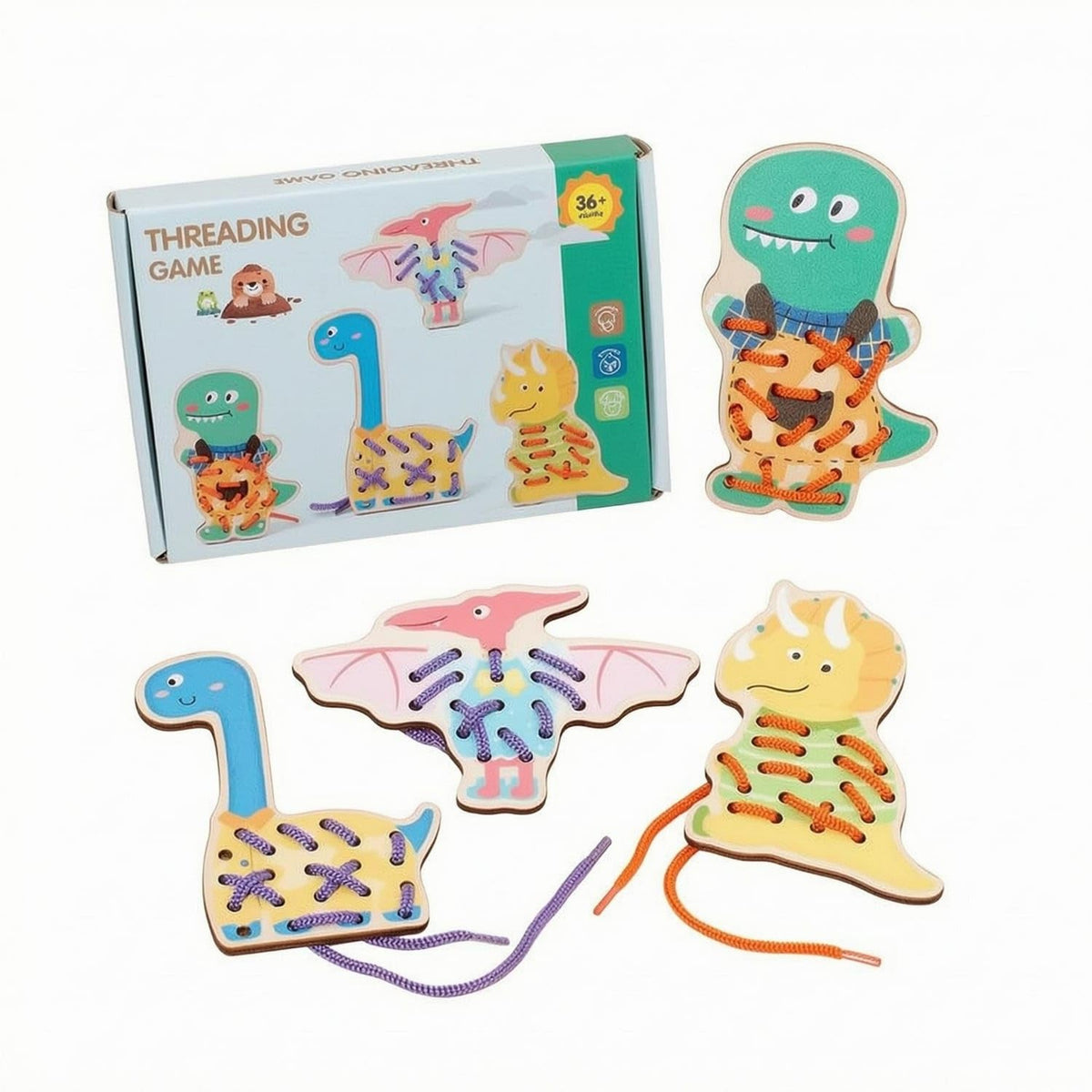 SNAPPSY 4 Pieces Printed Cartoon Dinosaurs Dinosaur Lacing Board Braided Cords Wooden Threading Toy Multiple Holes Animal Lacing