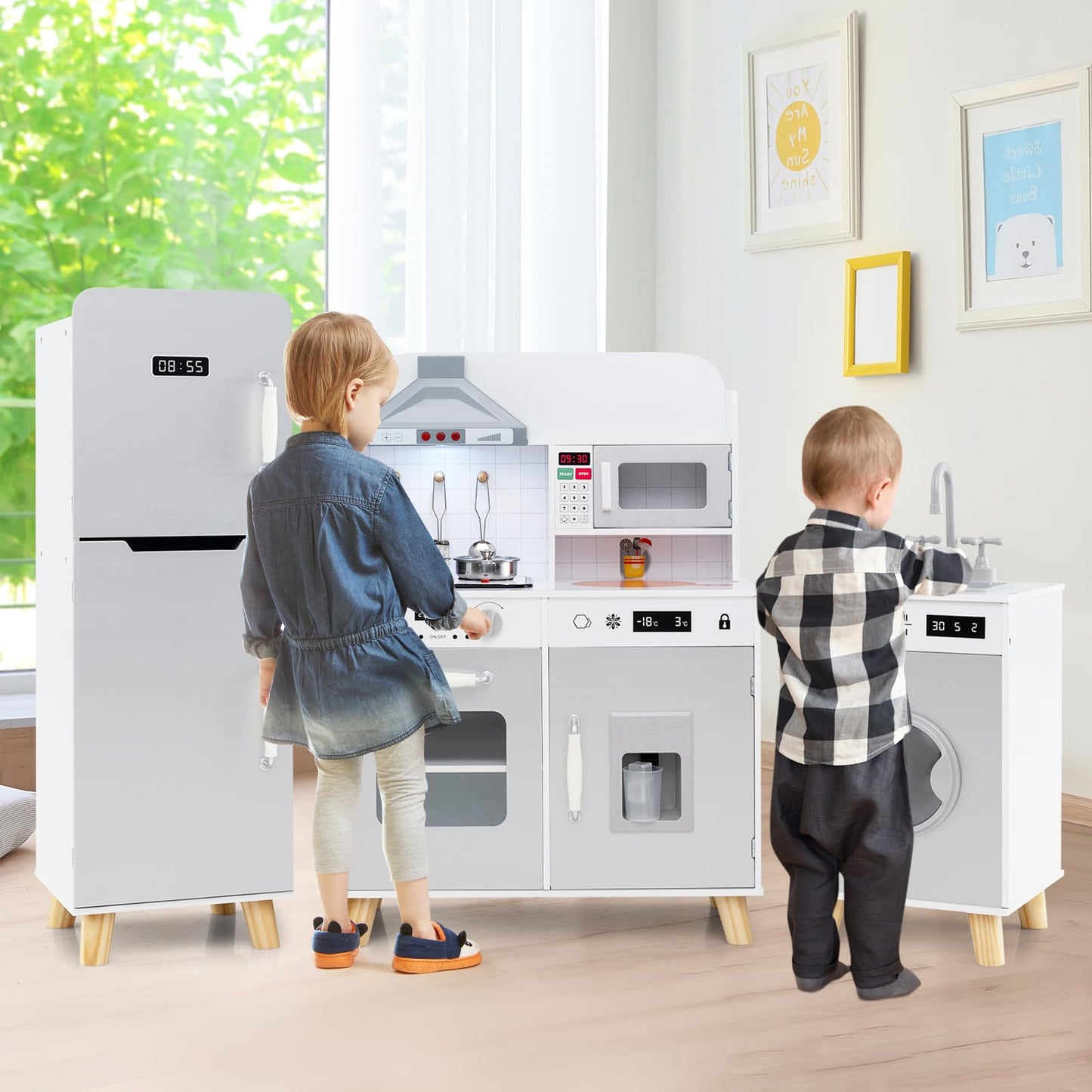 Costzon 3-Piece Play Kitchen for Kids, Wooden Toy Kitchen Set with Refrigerator, Washing Machine, Range Hood, Ice Maker, Kids Ki