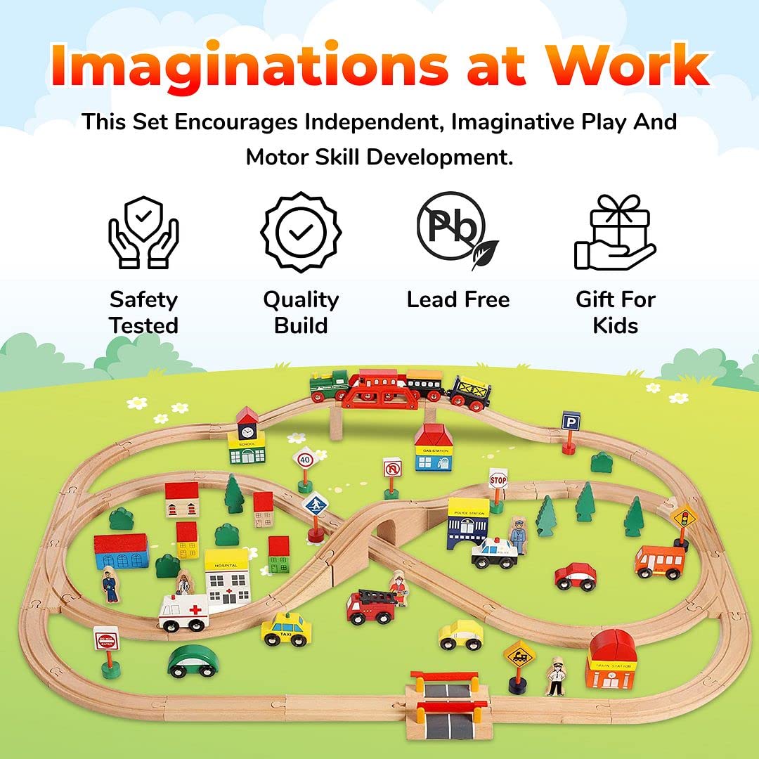 On Track Usa Wooden Train Set 100 Piece All In One Wooden Toy Train Tracks Set With Magnetic Trains And Railway Accessories, Com