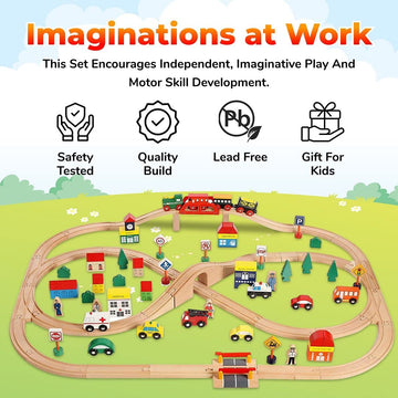 On Track Usa Wooden Train Set 100 Piece All In One Wooden Toy Train Tracks Set With Magnetic Trains And Railway Accessories, Com