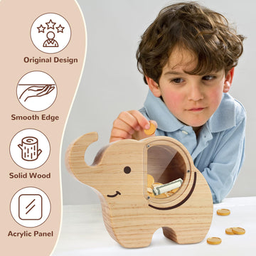 Wooshwa Elephant Piggy Bank For Kids, Wooden Money Bank For Boys Girls Toddler, Unbreakable Bills And Coins Cash Box, Creative S