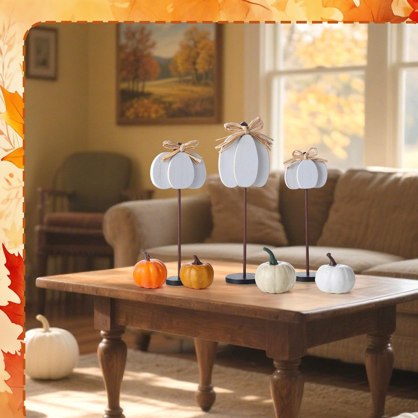 Thyle 3 Pcs Thanksgiving Pumpkin Table Centerpieces Wood Harvest Table Decorations for Home Standing Block Tall Sign with Bow fo