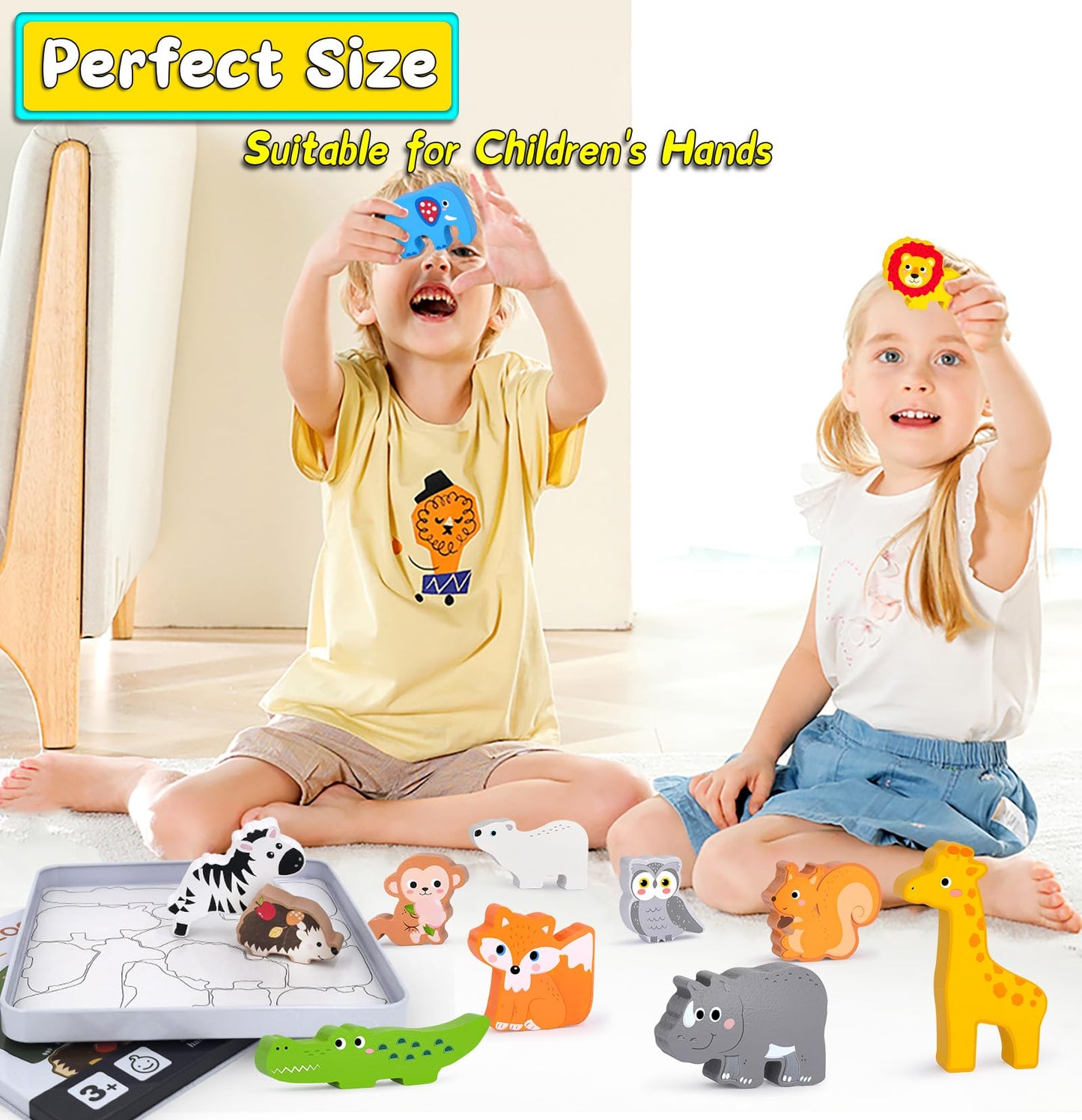 Wooden Animal Puzzles Toys For Toddlers,12Pc Safari Animal Figures,Animal Matching Sorting Stacking Toys For Boys Child Girls,Ed