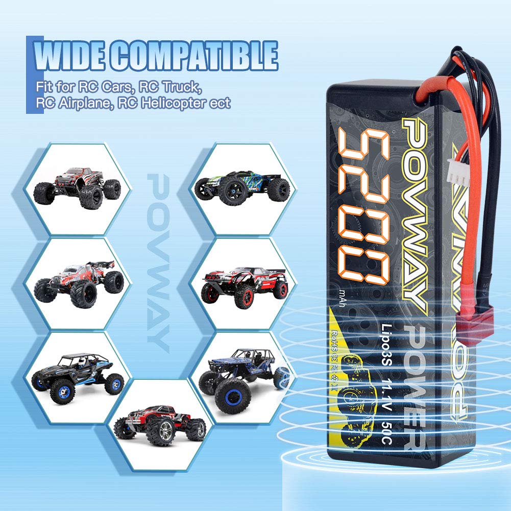POVWAY 3S Lipo Battery, 5200mAh 11.1V 50C RC Battery with Deans T Plug Hardcase Lipo Battery for RC Cars, RC Truck,Helicopter, A