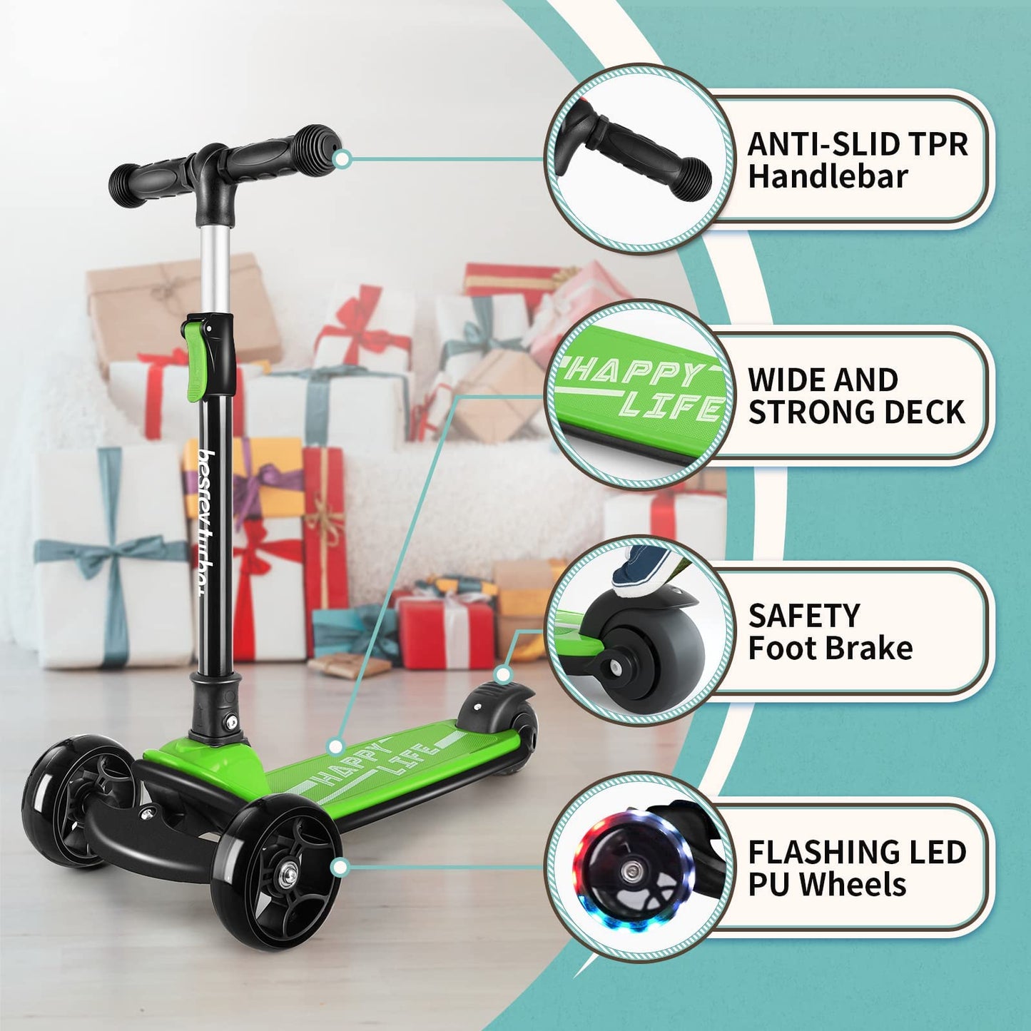 Besrey Kick Scooter For Kids Ages 3-10, 3 Wheel Scooter For Kids With Adjustable Height, Folding Kids Scooter With Led Light Wheels Rear Brak Extra Wide Deck Outdoor Activities For Boys/Girls (Green)