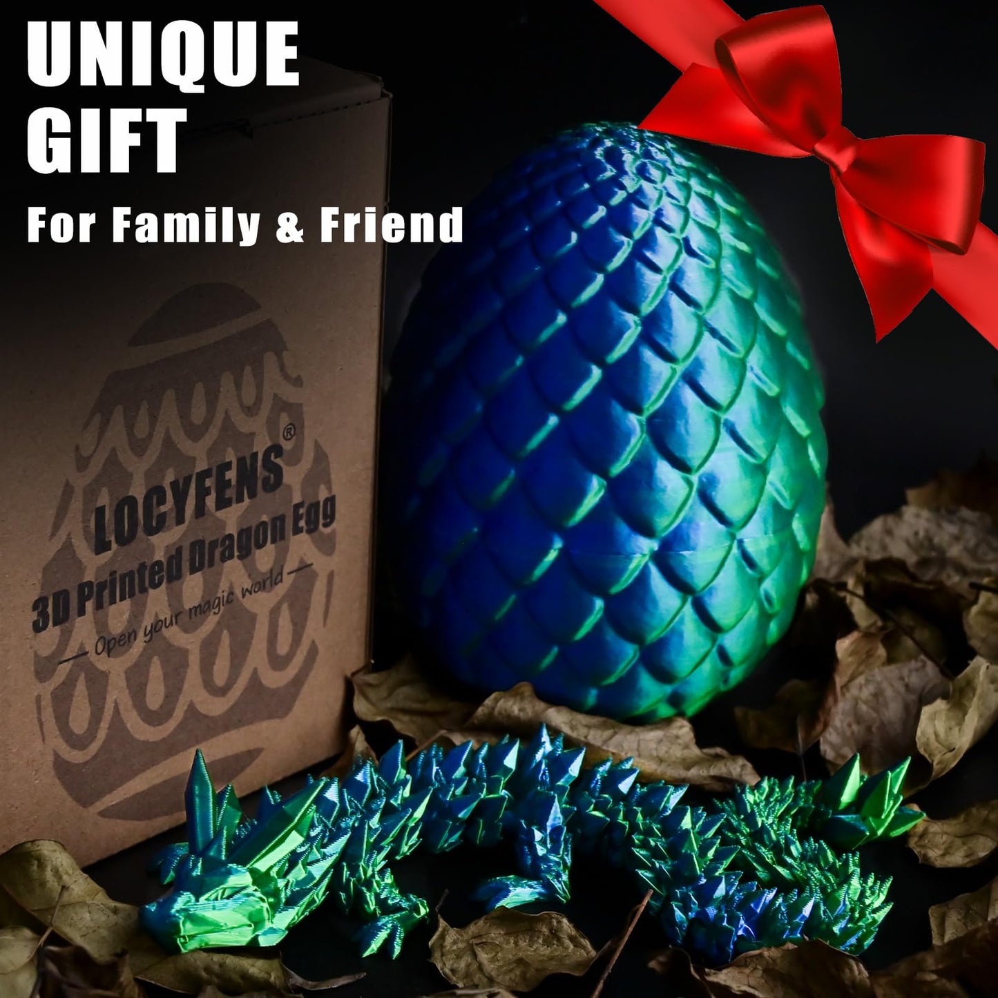 Locyfens 3D Printed Dragon Eggs With Dragon Inside, Articulated 3D Dragon Toys With 3D Dragon Eggs, Crystal Dragon Blue Green