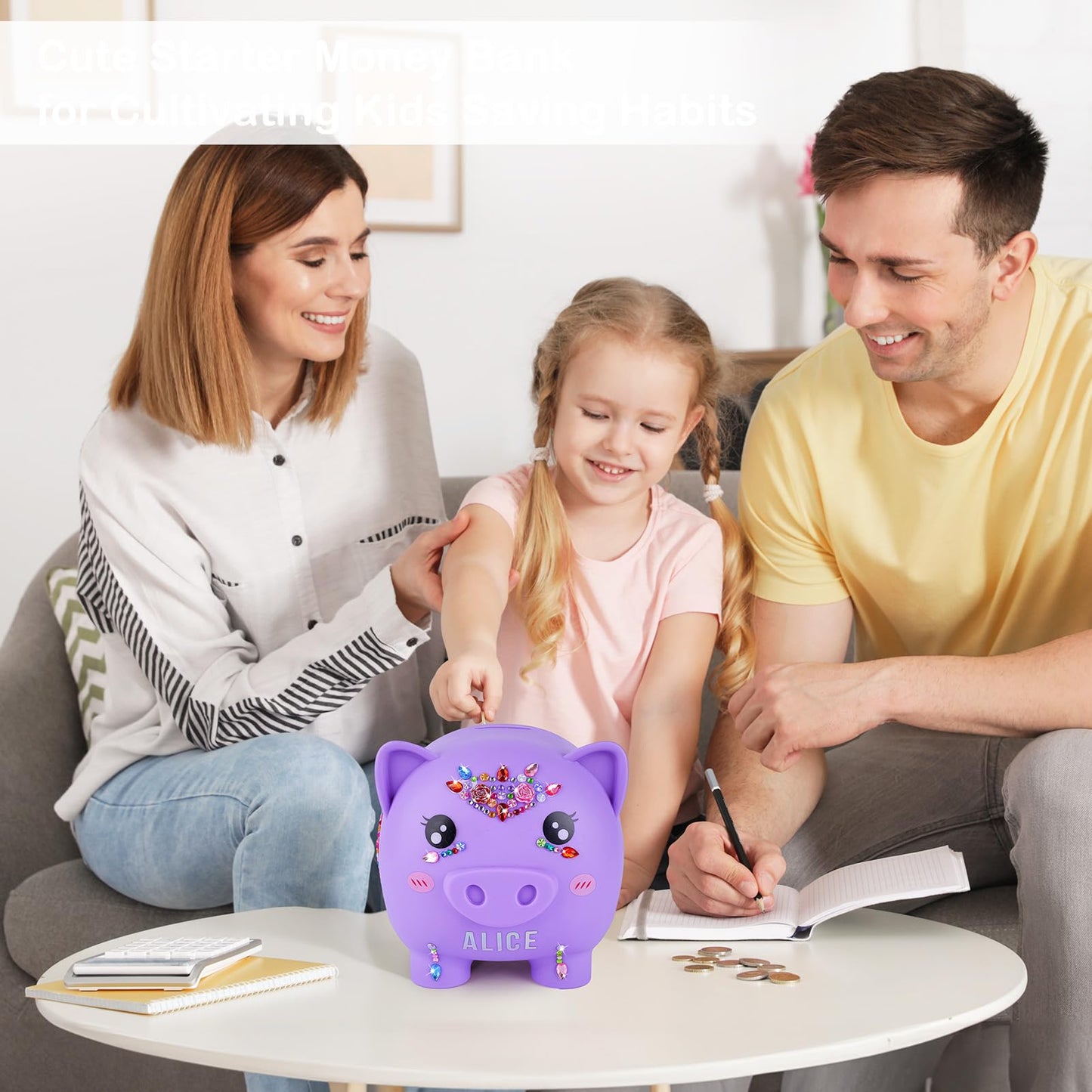 Piggy Bank Girls, Unbreakable Piggy Banks Large Money Coin Bank For Kids With Diy Stickers, For Birthday, Easter, Baby Shower, Purple