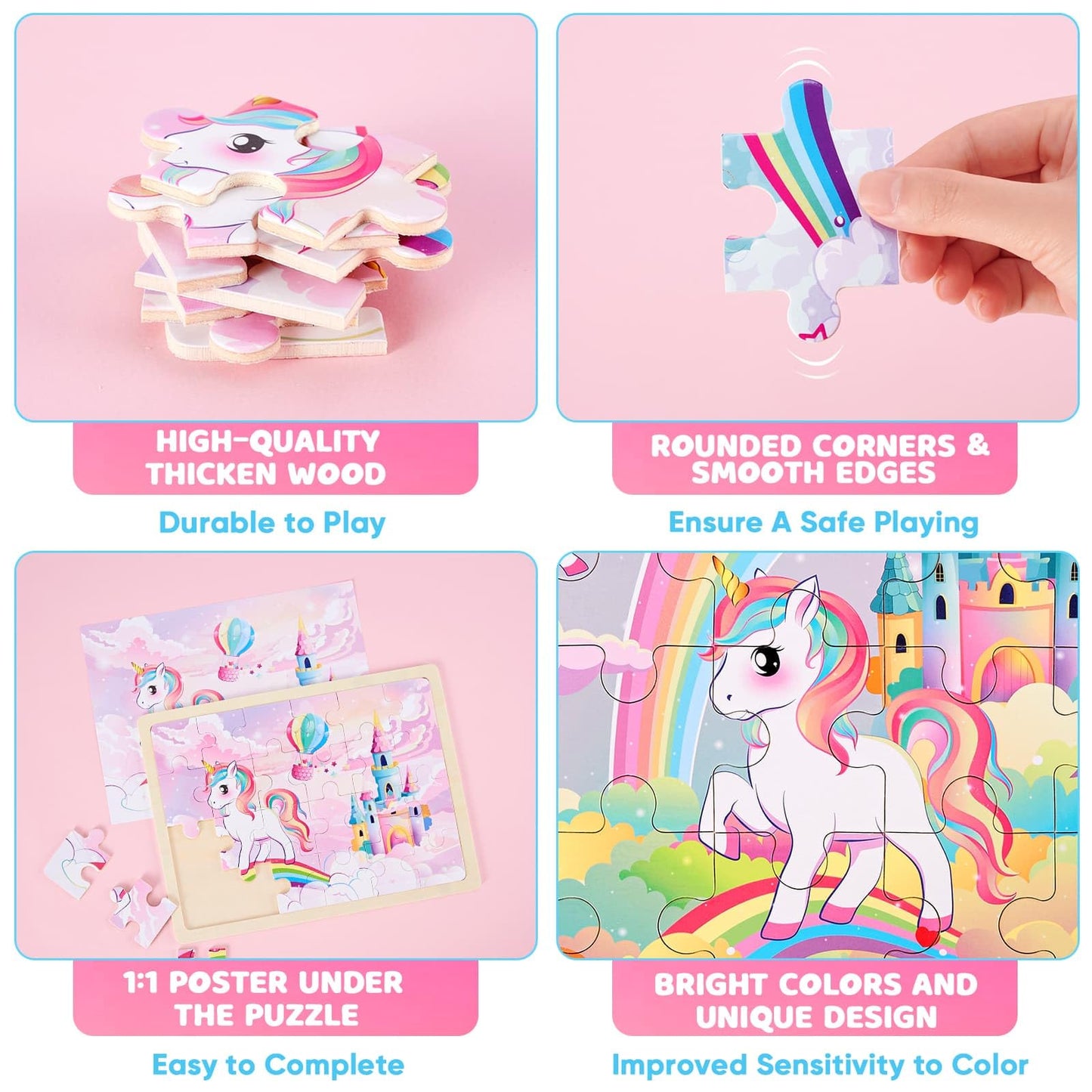 Wernnsai Unicorn Wooden Jigsaw Puzzles - 4 Pack Of 24 Piece Unicorn Princess Wooden Puzzles Preschool Educational Brain Teaser Boards Toddlers Toys Gifts For 3 4 5 6 Year Old Kids Birthday Toys Gifts