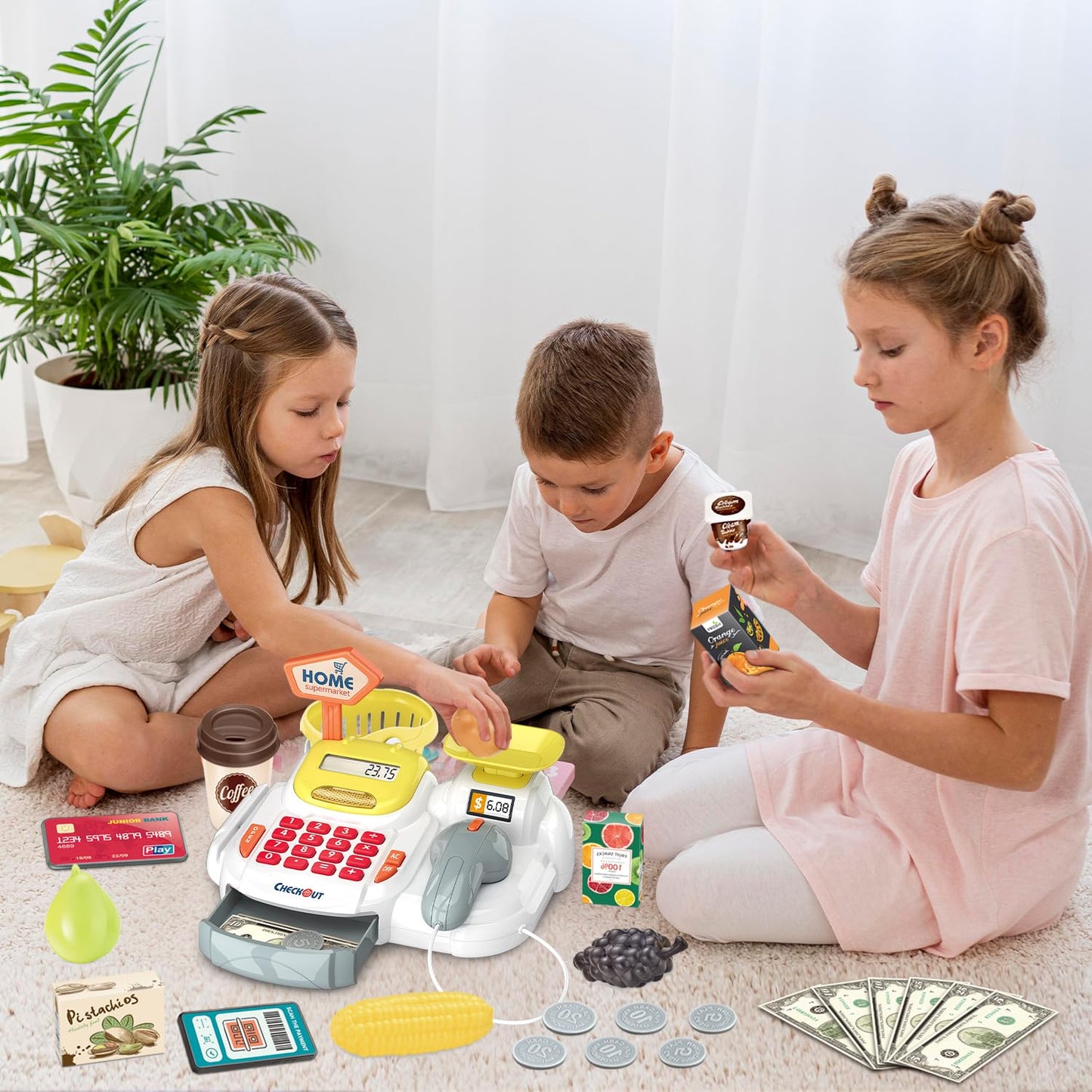 Sotodik Cash Register Toys Set 36PCS with Sounds, Scanner, Calculator & Play Food - Yellow Supermarket Learning for Kids