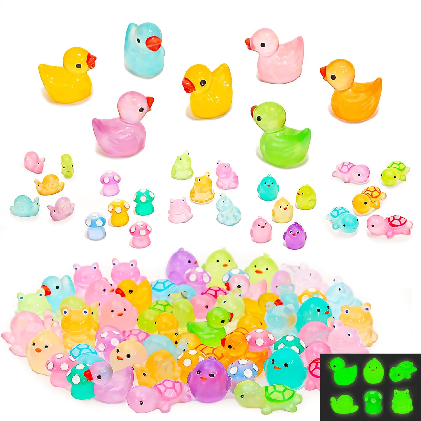 Fexia 100Pcs Mini Resin Ducks 6 Types Bulk To Hide Luminous Mini Animals Glow In The Dark For Diy Garden Dollhouse Combination S