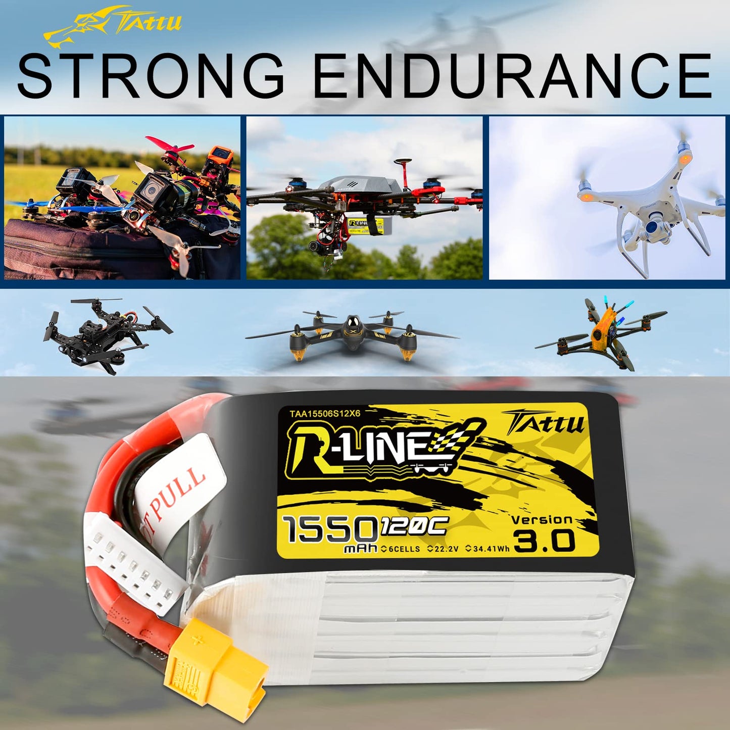 Tattu R-Line Version 3.0 6S Lipo Battery 1550Mah 22.2V 120C Lipo Battery With Xt60 Plug Forfpv Drone Helicopter Rc Racing Quadco