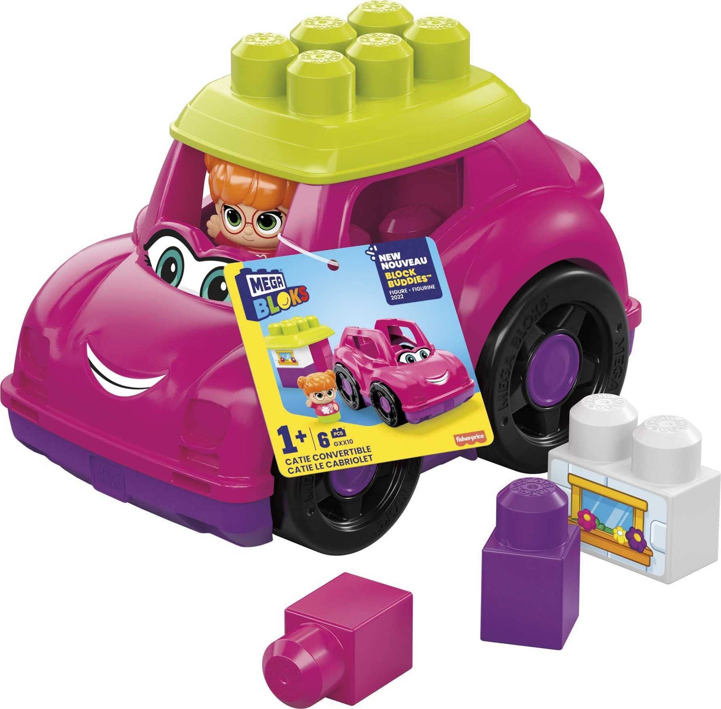 Mega Bloks First Builders Toddler Building Blocks Toy Set, Catie Convertible With 6 Pieces And Storage, 1 Figure, Pink, Ages 1+ Years