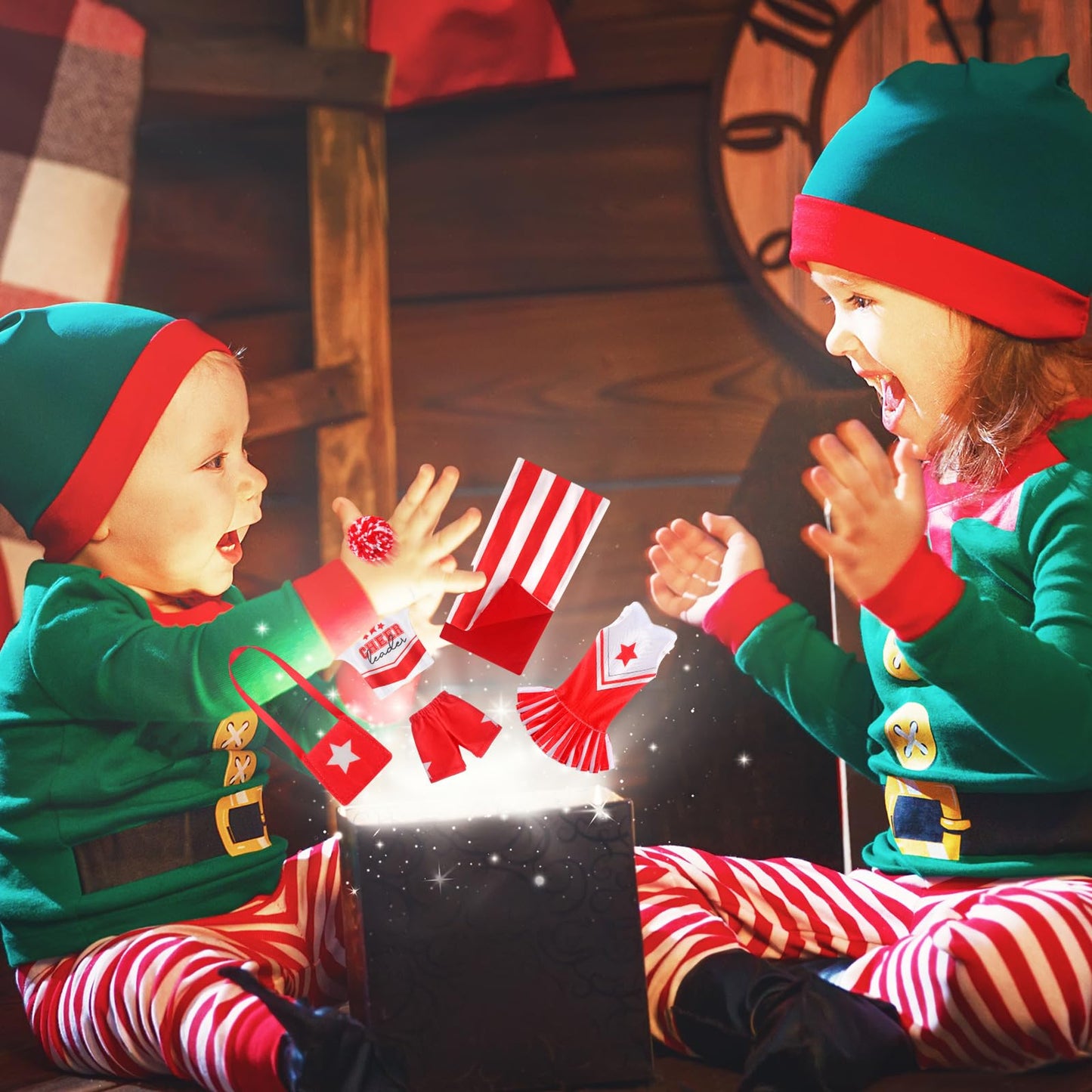 11 Pcs Christmas Elf Accessories Include Cheerleader Elf Doll Sleeping Bag Hammock Apron Chef Hat Dress Scarf Top Shorts Horn Po