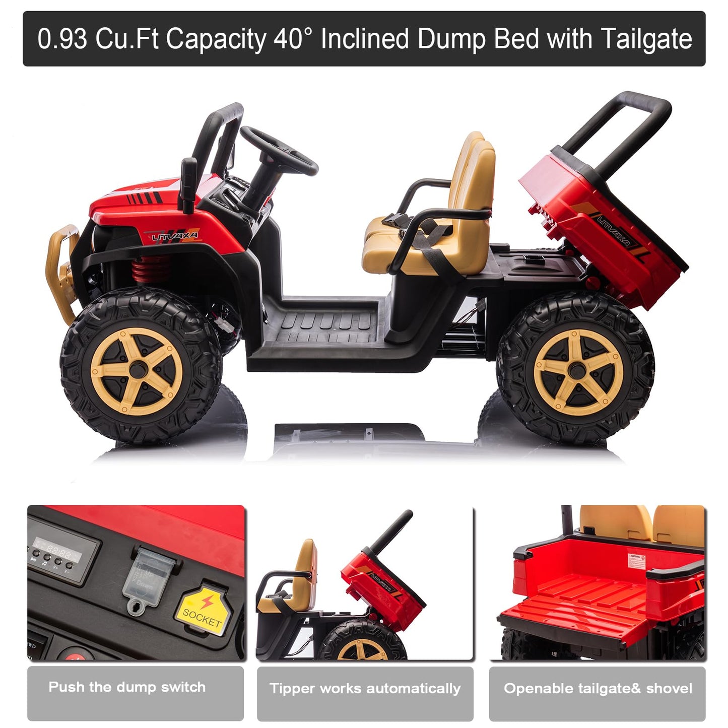 FINITO 24V 2 Seater Ride On Dump Truck,4WD Side by Side Kids UTV with Remote Control, Rubber-Plastic Polymerized EVA Tire Electr