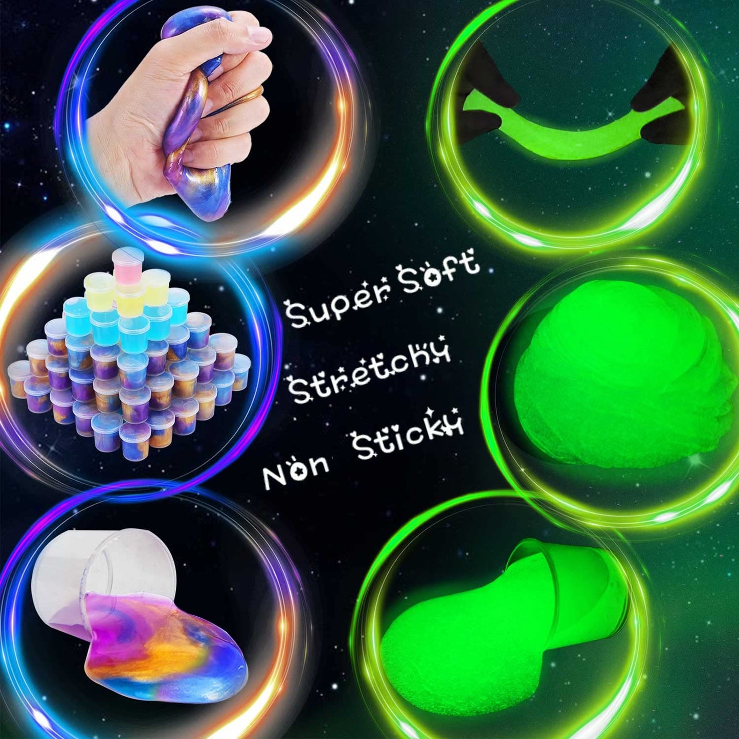 60 Pack Galaxy Slime Pack, Including Glow In The Dark Slime 30 Pack And Galaxy Slime 30 Pack, Super Soft And Stretchy Slime Toy For Any Child Favor, Birthday, Classroom Prizes, Goodies Bag Stuffer