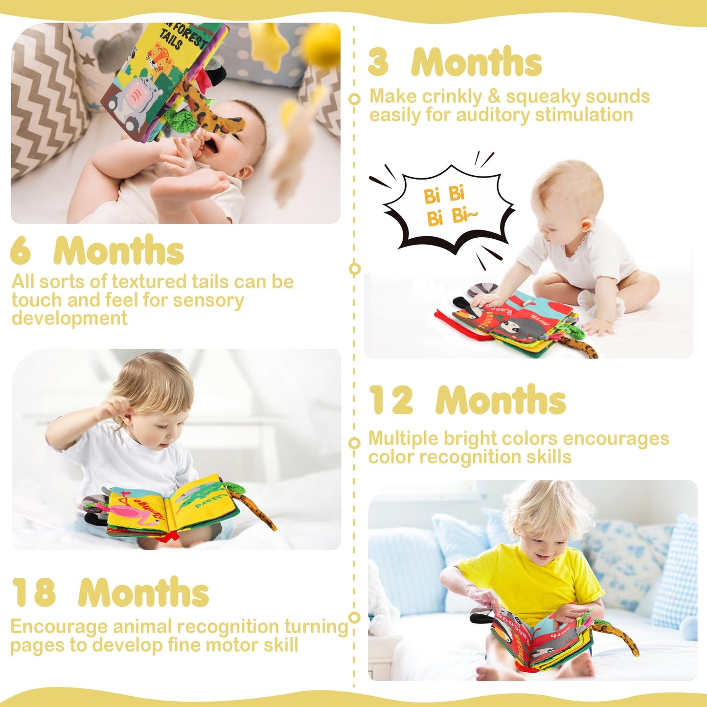 Beiens Baby Books Toys, Touch And Feel Crinkle Cloth Books For Babies, Infants & Toddler, Early Development Interactive Car & Stroller Soft Toys For Boys & Girls (Rainforest Tails-1 Book)