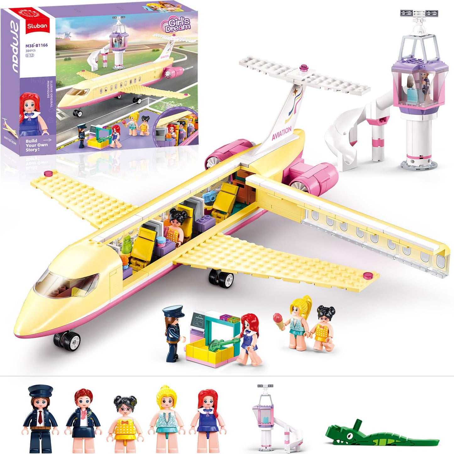 Sluban Airplane Building Set For Girls 6+ 8+ 12+, Airport Plane Kit Compatible With Lego Friends, Control Tower, Security Check Machine, And 5 Minifigures, Thanksgiving Boys Kids 6-12