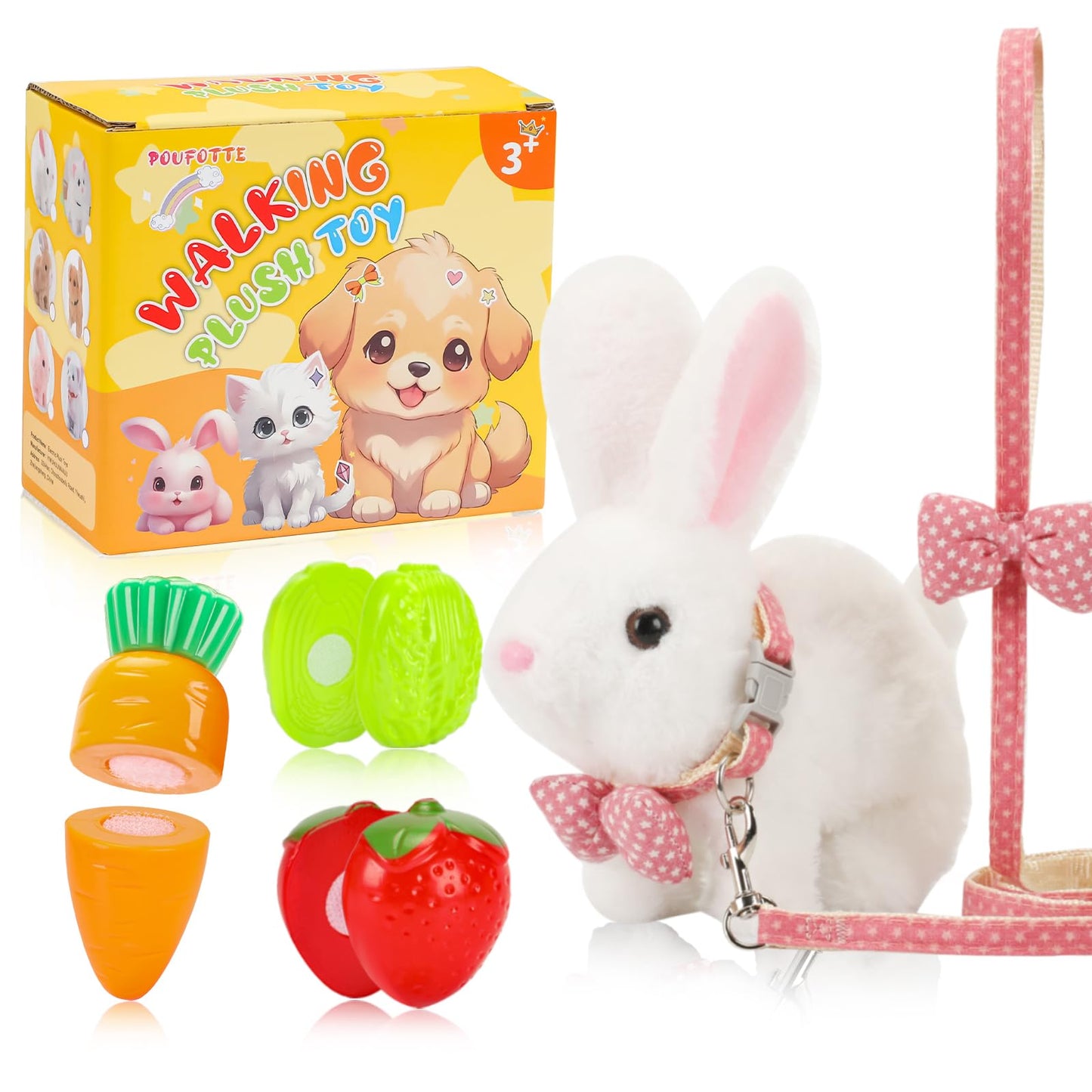 Bunny Plush Toys,Electronic Walking Plush Toys with Sounds,Wiggling Ears,Twitching Mouth,Leash,Interactive Rabbit Toys for Kids