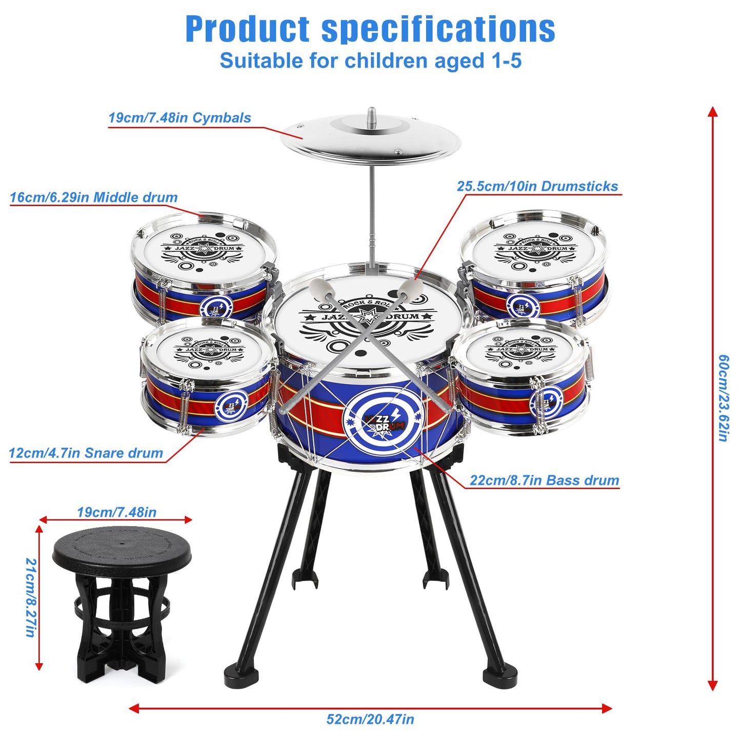 M Sanmersen Kids Drum Set Jazz Drum Kit 8 Piece For Toddler Educational Percussion Musical Instruments Drum Toy Playset Xmas Gift For Boys Girls - Blue