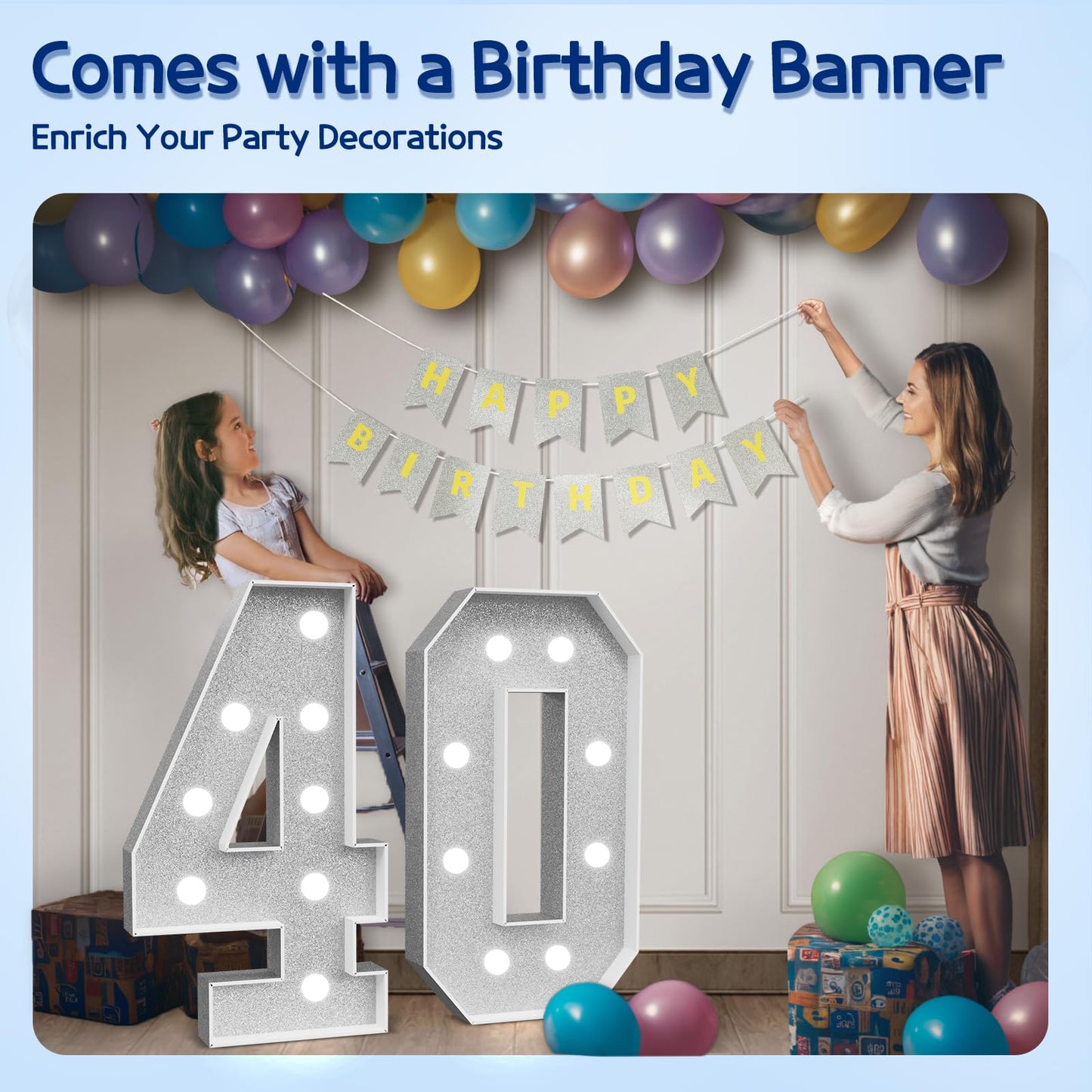 Marquee Numbers Silver 40Th-Birthday Decorations: Large 3Ft Light Up Number Grey 40 Birthday Decoration For Women Men Forty Year