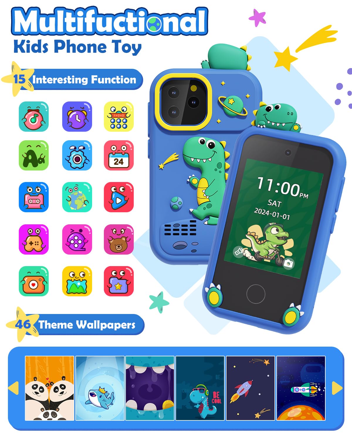 Sueseip Smart Phone for Kids Toys Age 4-6, Christmas Birthday Gifts Dinosaur Toddler Toys for Boys 5-7, Touchscreen Dual Camera
