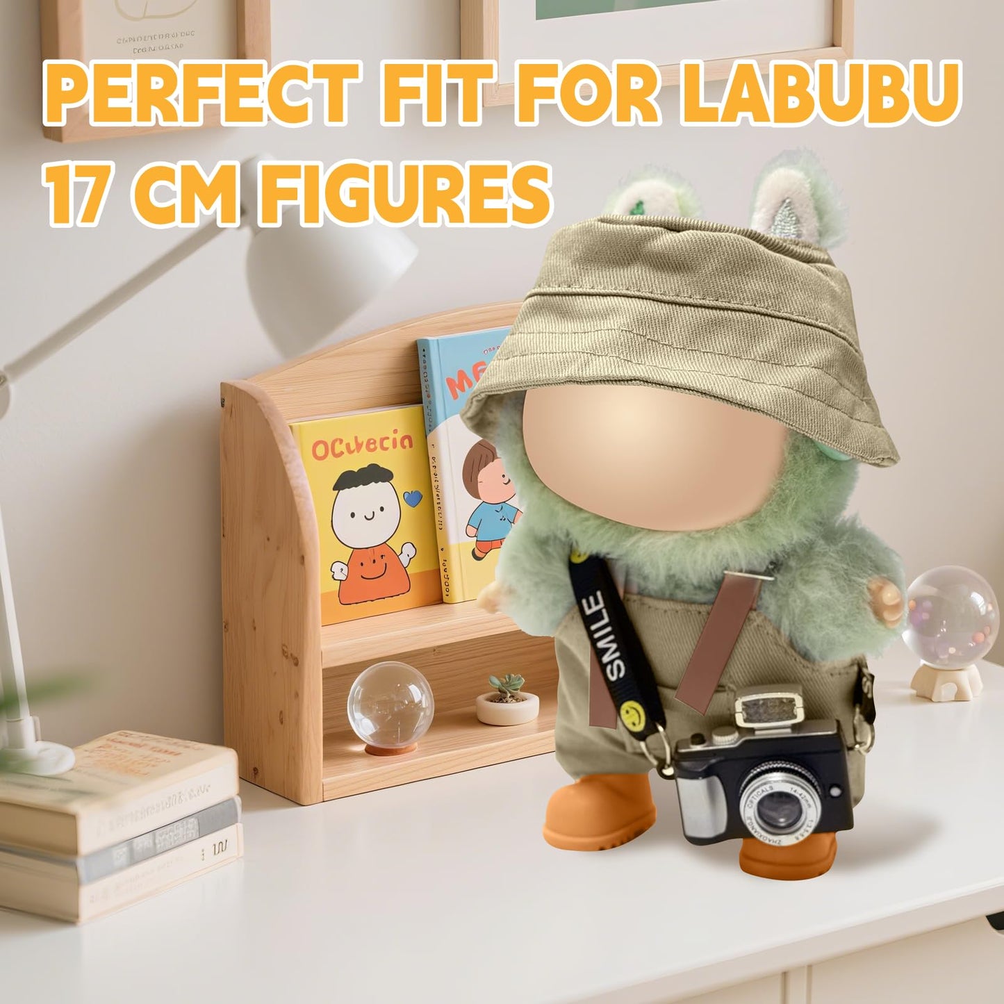 17cm Light Purple Outfit Set (Doll Not Included) - Bucket Hat Overalls Shorts Mini Camera & Shoes Cute Style for 17cm Doll Dress-up (Khaki SC)