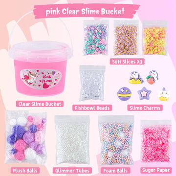 10 Fl Oz Unicorn Slime Kit, Pink Clear Slime Bucket, Slime Party Favors For Kids, Glimmer Crunchy Slime Includes 9 Packs Of Slim