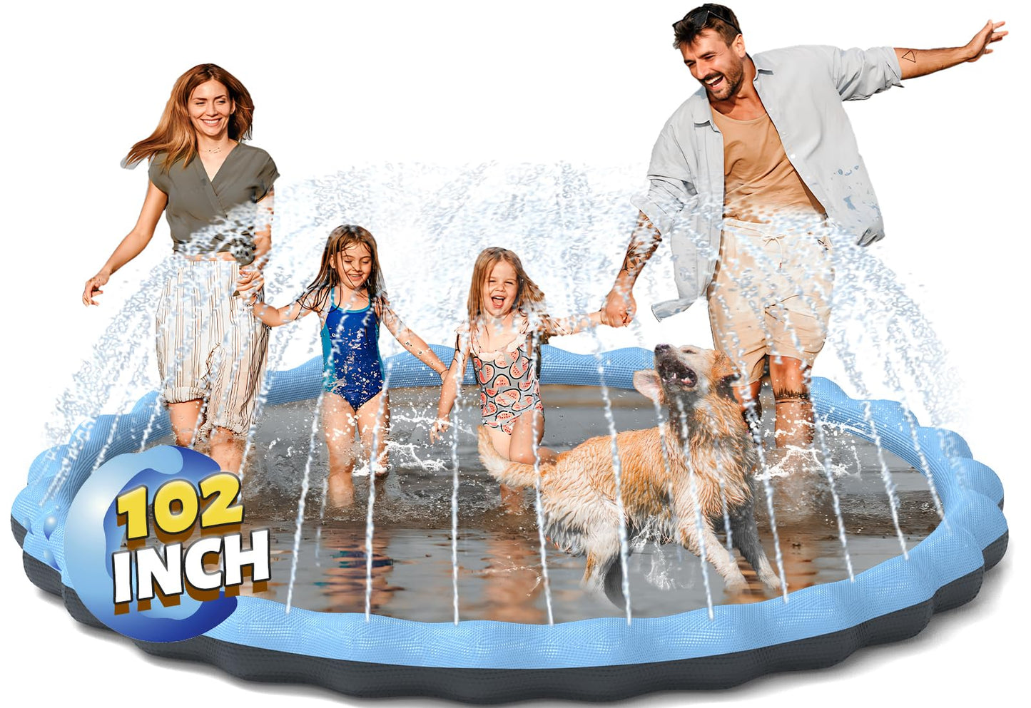 Hyperzoo 102' Extra Large Sprinkler Splash Pad For Kids And Dogs, Non-Slip Thickened Sprinkler Pad Pool Summer Outdoor Water Toys For Baby Toddler Boys Girls 3-12 Years Blue